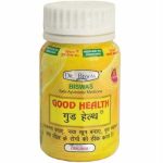 A bottle labeled Dr. Biswas Good Health Capsule features text in English and Hindi, with a design incorporating a blend of yellow and white colors highlighted by decorative patterns. The label includes the mention of Safe Ayurvedic Medicine, along with contact information provided in small print.