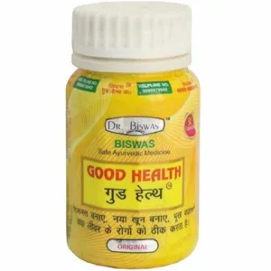 A bottle labeled Dr. Biswas Good Health Capsule features text in English and Hindi, with a design incorporating a blend of yellow and white colors highlighted by decorative patterns. The label includes the mention of Safe Ayurvedic Medicine, along with contact information provided in small print.