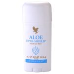 A Forever Aloe Ever Shield deodorant stick weighing 3.25 oz (92.1 g), adorned with a blue aloe plant design and a small eagle logo, ©2009.