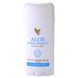A Forever Aloe Ever Shield deodorant stick weighing 3.25 oz (92.1 g), adorned with a blue aloe plant design and a small eagle logo, ©2009.