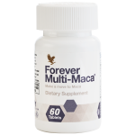 A white bottle of Forever Multi Maca USA dietary supplement containing 60 tablets, featuring black text and an eagle logo.