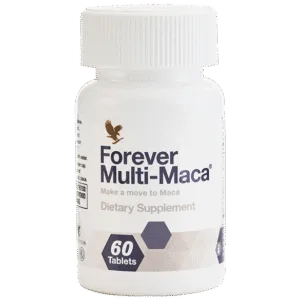 A white bottle of Forever Multi Maca USA dietary supplement containing 60 tablets, featuring black text and an eagle logo.