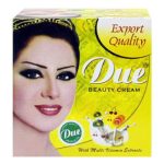 A 30-gram package of Due Beauty Cream, designed for parlour use, featuring an illustration of a woman's face on a yellow background. The packaging includes text such as "Export Quality" and "With Multi Vitamin Extracts," along with a green logo stating "Due" and "Herbal Product.