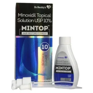 Dr. Reddy's Mintop Minoxidil 10% Hair Restore Formula - 60ml, packaged in a predominantly black box with holographic elements and white text, comes as a set that includes both the bottle and a nozzle applicator.