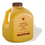 A large yellow bottle with a handle, labeled as FOREVER ALOE VERA GEL, contains stabilized aloe vera gel and has a capacity of 33.8 fl. oz. (1 liter).