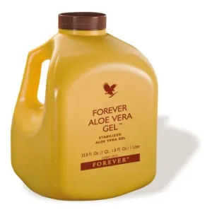 A large yellow bottle with a handle, labeled as FOREVER ALOE VERA GEL, contains stabilized aloe vera gel and has a capacity of 33.8 fl. oz. (1 liter).