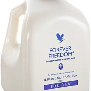 The product is a white bottle with a blue cap, labeled as Forever Freedom Juice 1 Litre USA. It contains orange-flavored aloe vera juice, and the text indicates the volume as 1 liter (33.8 fl oz). The design includes a small blue silhouette of a bird.