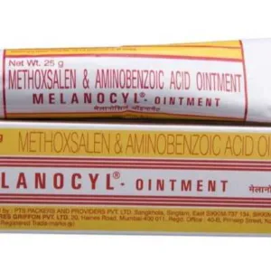 A tube and box of Melanocyl Ointment, containing Methoxsalen and Aminobenzoic Acid. The packaging is primarily white with red and yellow text and design elements.