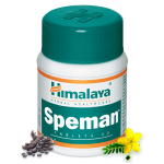 A bottle of Himalaya Speman Tablet-60 count featuring a green cap and a white and orange label, adorned with illustrations of herbal ingredients such as black seeds and a yellow flower.