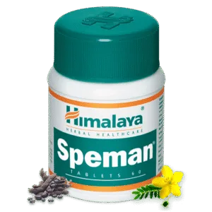 A bottle of Himalaya Speman Tablet-60 count featuring a green cap and a white and orange label, adorned with illustrations of herbal ingredients such as black seeds and a yellow flower.