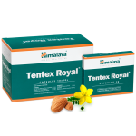 Here is an image of Himalaya Tentex Royal Capsule packaging, featuring a green and orange design. A smaller box is displayed in front of a larger one, with almonds and a vibrant yellow flower positioned in the foreground.