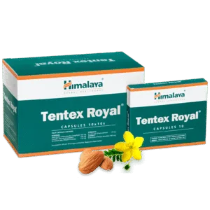 Here is an image of Himalaya Tentex Royal Capsule packaging, featuring a green and orange design. A smaller box is displayed in front of a larger one, with almonds and a vibrant yellow flower positioned in the foreground.