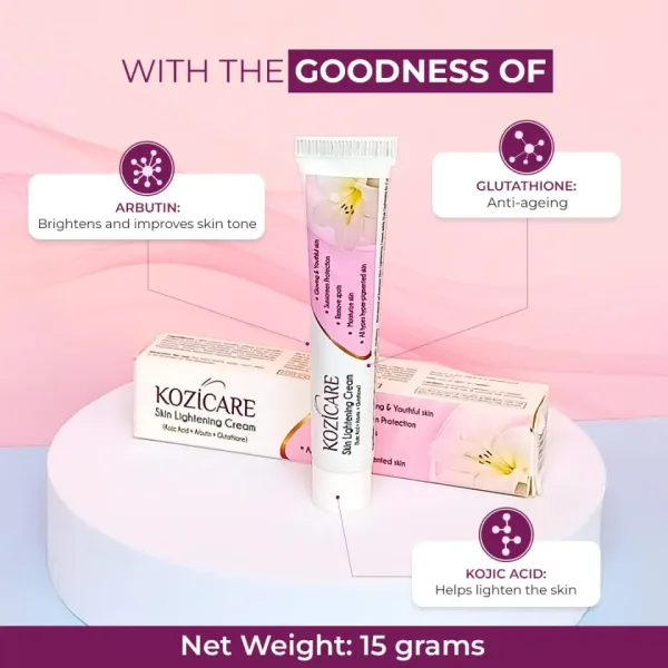 Kozicare Skin Lightening Non-Sticky Cream 15gm – Advanced Brightening Cream with Kojic Acid, Alpha Arbutin, Glutathione, Niacinamide & Vitamin C - Image 3