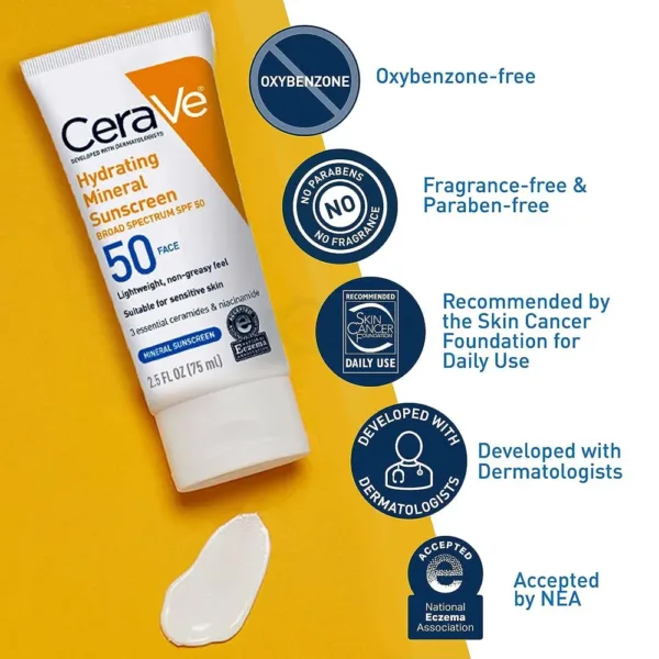 CeraVe Hydrating Mineral Sunscreen SPF 50 Face 75ml – Sensitive Skin Protection - Image 2
