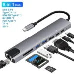 Doomhot 8 in 1 Type C Hub with 4K@60HZ USB C to HDMI RJ45 SD TF Card Reader 3 USB 3.0 Ports for