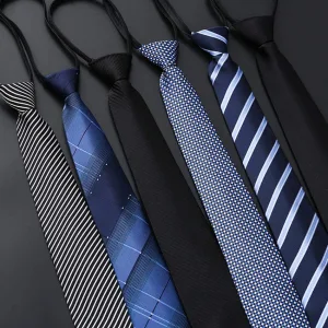 Men's zipper neck tie pre-tied blue and black stripe