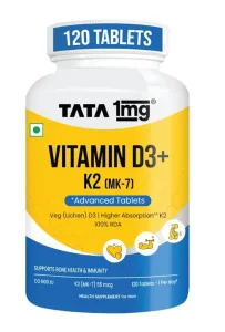 Tata 1mg vitamin D3 600 IU plus K2 MK-7 120 vegetarian tablets