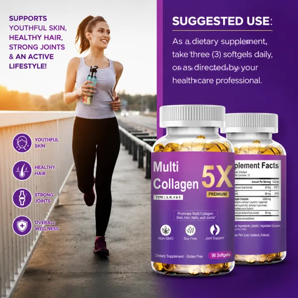 Multi Collagen 5X supplement bottles for skin hair and nails