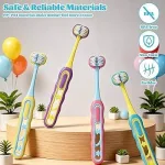 Three sided kids toothbrush with soft bristles and non slip grip