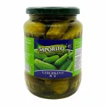 Saporito gherkins 670gm jar of small pickled cucumbers in brine