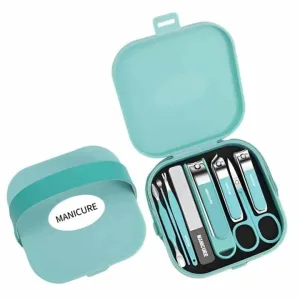 Eight piece manicure and pedicure grooming set with case