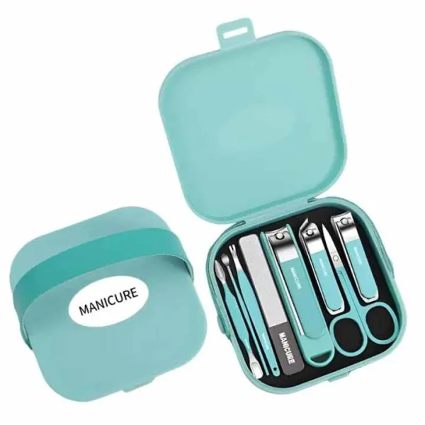 Eight piece manicure and pedicure grooming set with case