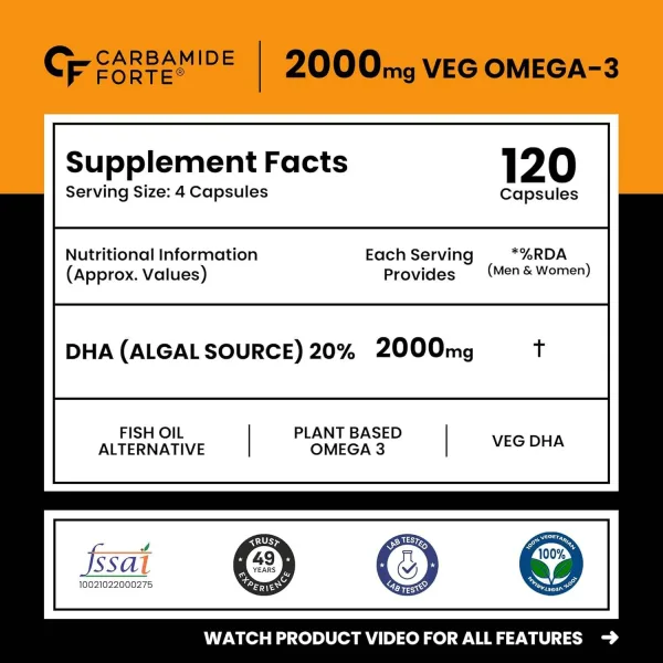 Plant based algal oil omega 3 DHA capsules vegetarian 120 count