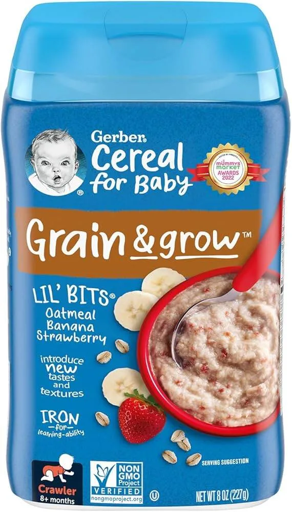 8a17980cdce3601d3ac358776b631986.jpg Gerber Lil Bits oatmeal banana strawberry cereal 227gm for 8 months