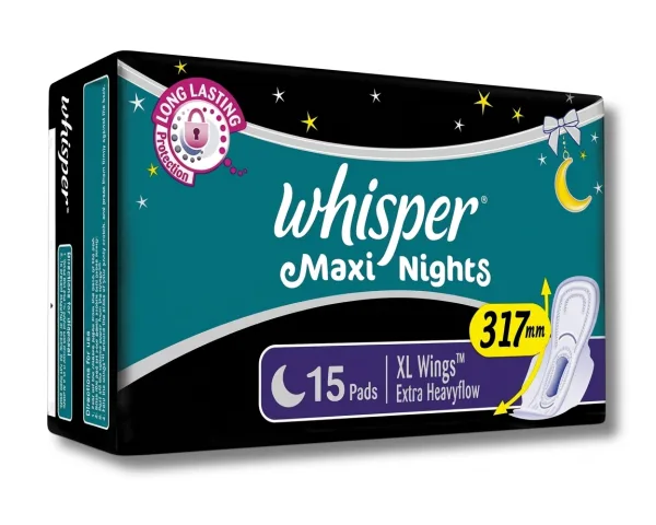 Whisper Maxi Nights XL 317mm sanitary pads with wings 15 pad pack