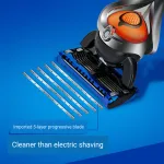 Reusable 5 blade wet shaving cartridge razor with pivoting head