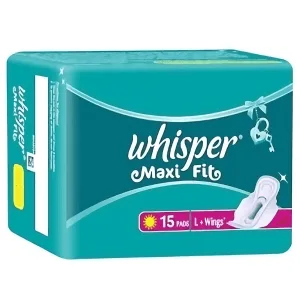 Whisper Maxi Fit L+ sanitary pads with extra large wings 15 pad pack