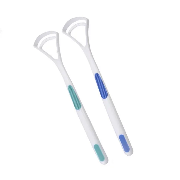 Double-sided tongue cleaner with outer ridge and smooth flat side