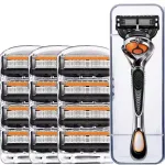 Reusable 5 blade wet shaving cartridge razor with pivoting head