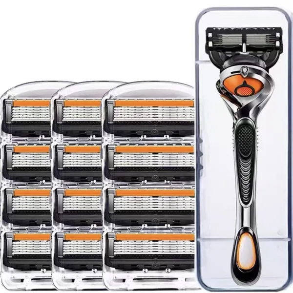 Reusable 5 blade wet shaving cartridge razor with pivoting head