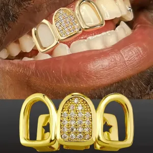 Hip hop CZ teeth grillz 3 tooth cap in gold and silver colour