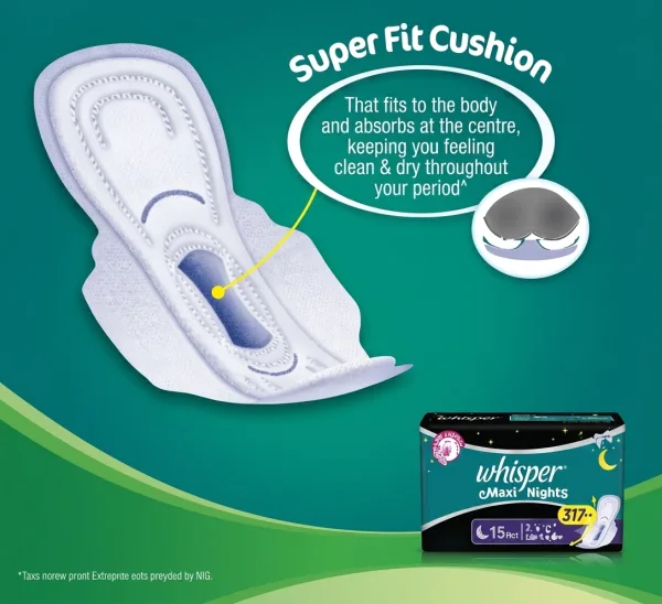 Whisper Maxi Nights heavy flow XL pads 317 mm economy pack of 15
