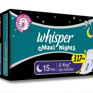 Whisper Maxi Nights XL 317mm sanitary pads with wings 15 pad pack