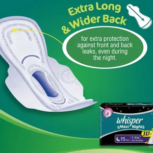 Whisper overnight sanitary napkins extra long wider back 15 pads