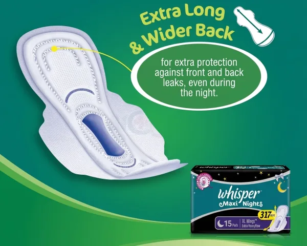 Whisper overnight sanitary napkins extra long wider back 15 pads