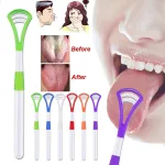 Double-sided tongue cleaner with outer ridge and smooth flat side