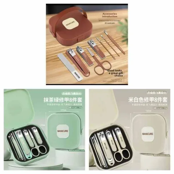 Eight piece manicure and pedicure grooming set with case