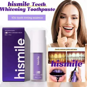 V34 purple colour correcting mousse applied to a toothbrush