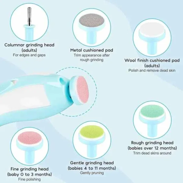 Electric baby nail file with gentle cushioned filing heads