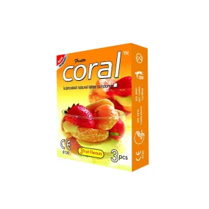 Three fruit flavoured Coral condoms one of each flavour