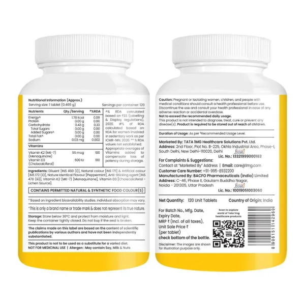 Vegetarian vitamin D3 and K2 MK7 tablets for bone strength 120 count