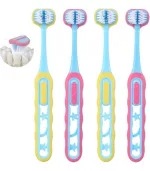 Three sided kids toothbrush with soft bristles and non slip grip