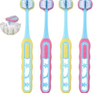 Three sided kids toothbrush with soft bristles and non slip grip