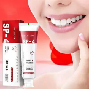 Probiotic whitening toothpaste tube in red and white packaging