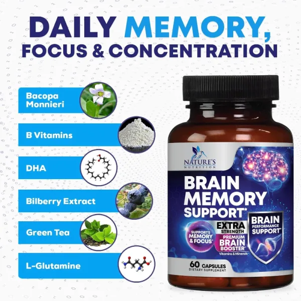 Memory and focus brain supplement bottle 60 capsules