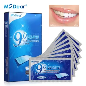 Box of 9D teeth whitening strips in mint flavour, 7 pairs